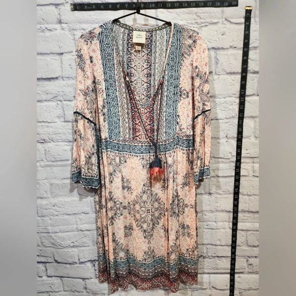 Knox Rose Boho Tassel Tie Dress Pink Navy Print Bell Sleeve Rayon XS - Picture 1 of 9